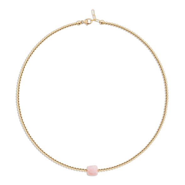2mm Gold Necklace with Pink Opal Square Focal