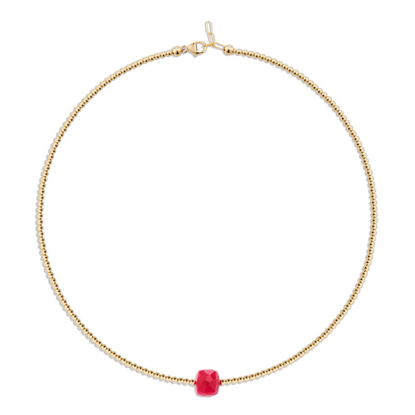 2mm Gold Necklace with Pink Chalcedony Square Focal