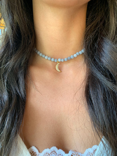 6mm Grey Jade Necklace with Pave Moon Pendant