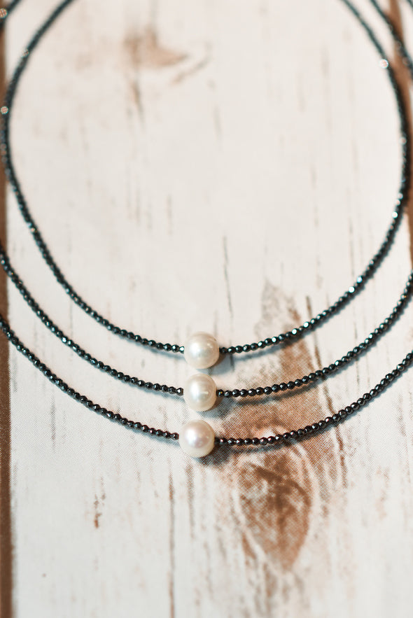 Hematite Necklace with Floating Fresh Water Pearl