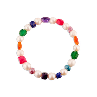 6mm Pearl Bracelet with 6mm Multi Colored Faceted Gemstones